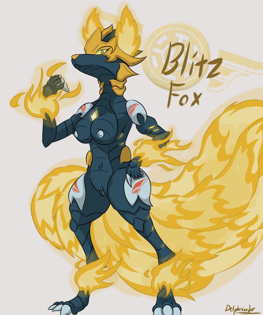 absurd_res alien anthro bakugan blitz_fox_(bakugan) blue_body blue_skin canid canine claws delphixander digitigrade female fire flaming_ears flaming_tail fox hi_res mammal silver_nipples solo tail yellow_eyes