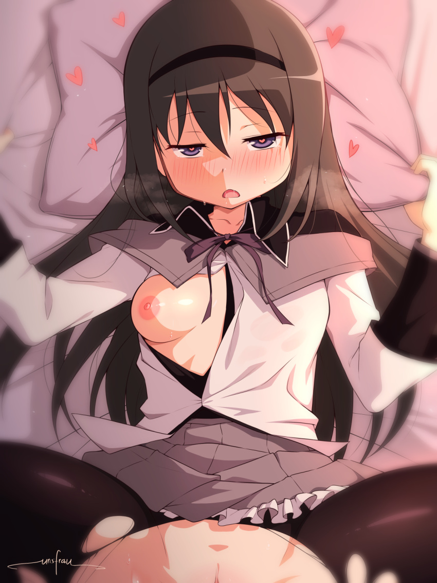 akemi_homura artist_name bed_sheet black_hair black_hairband black_pantyhose blush breasts female grey_skirt hair_between_eyes hairband heart heart-shaped_pupils highres looking_at_viewer lying magical_girl mahou_shoujo_madoka_magica medium_breasts neck_ribbon nipples on_back one_breast_out open_mouth out-of-frame_censoring pantyhose pillow purple_eyes purple_ribbon pussy ribbon shirt skirt solo spread_legs symbol-shaped_pupils torn_clothes torn_pantyhose unsfrau white_shirt