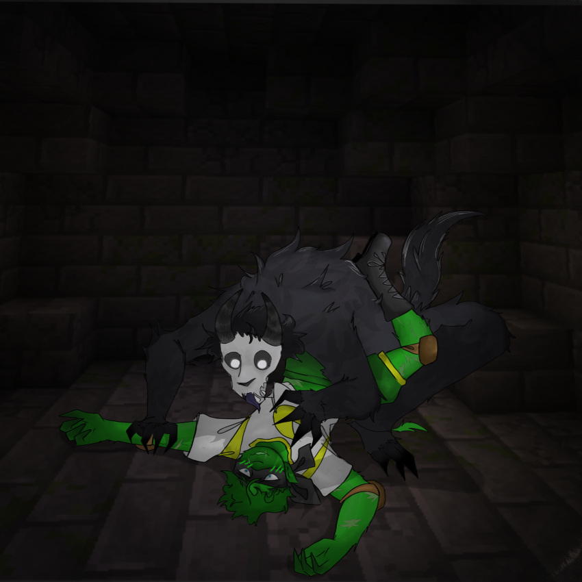 etoiles green_blush green_body green_fur male monster nervous_smile nightmare_stalker pinned_to_floor q!etoiles qsmp scars_all_over