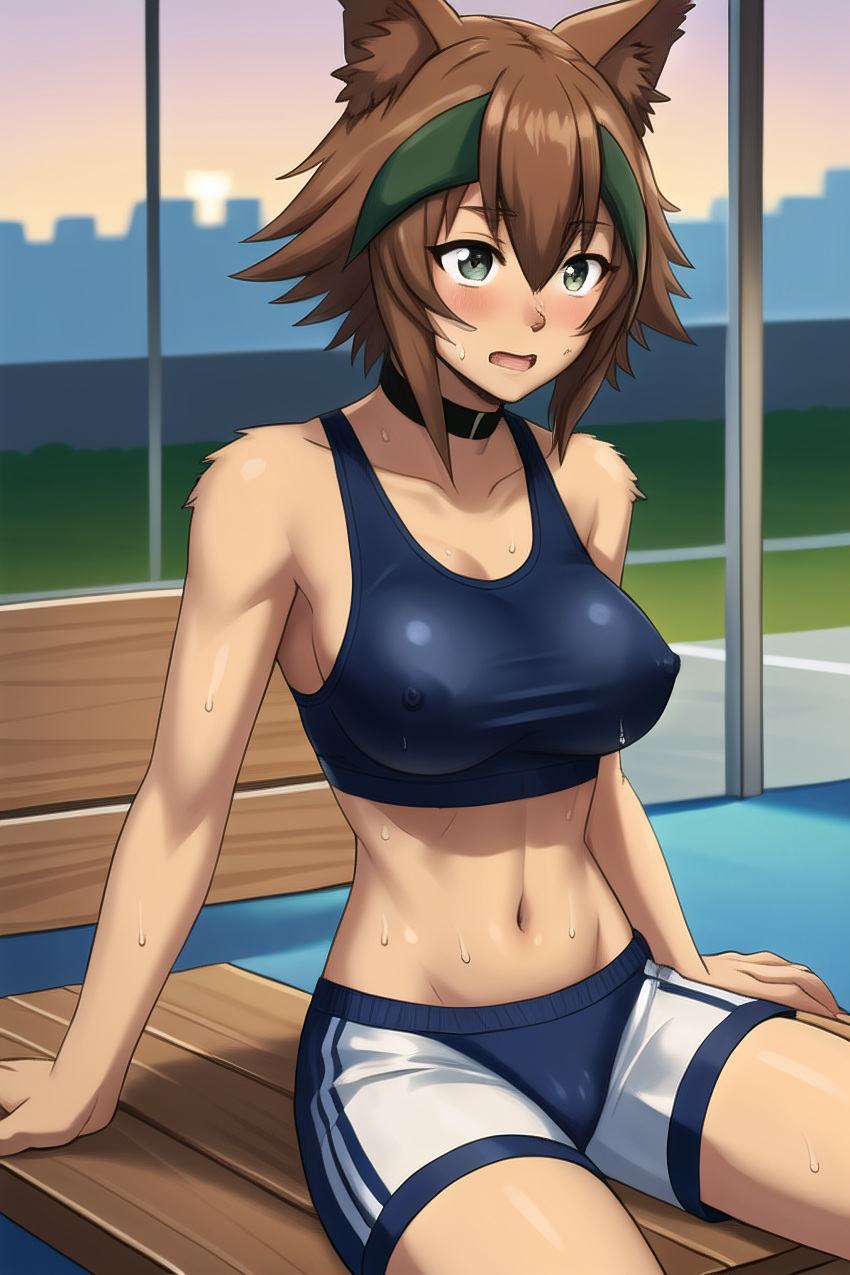 abs ai_generated dark-skinned_female furr_app furry gym_clothes kobold large_breasts monster monster_girl monster_musume monster_musume_no_iru_nichijou muscular_female polt polt_(monster_musume) sport_shorts sports_bra weightlifting