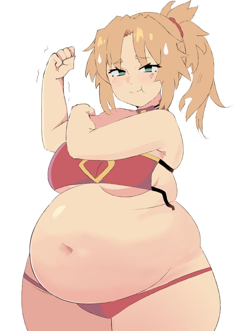 1girls big_breasts embarrassed fat fate_(series) flexing huge_belly mordred_(fate) napolitane overweight_female sequence tagme weight_gain