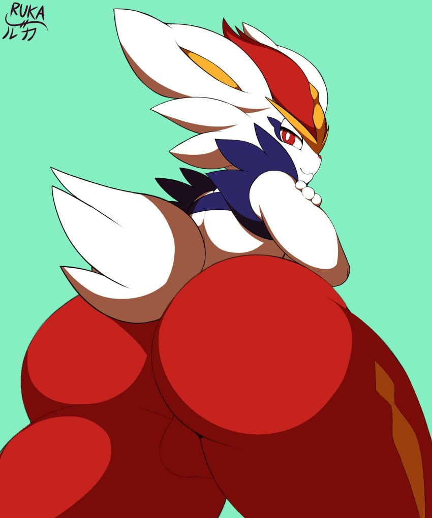 absurd_res aceburn anthro ass backsack balls big_butt cinderace crossed_arms fur generation_8_pokemon genitals hi_res huge_butt lagomorph looking_at_viewer looking_back looking_back_at_viewer male mammal nintendo nude pokemon pokemon_(species) rear_view red_body red_fur ruka_(artist) simple_background solo standing thick_thighs white_body white_fur