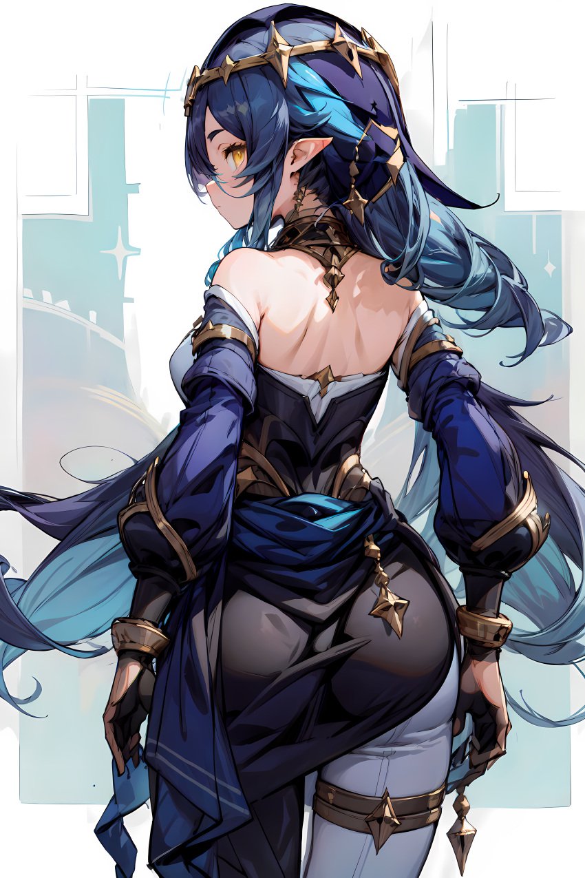 ai_generated ass blue_hair blush breasts circlet detached_sleeves female from_behind genshin_impact gloves layla_(genshin_impact) leggings long_hair looking_at_viewer medium_breasts orange_eyes pants pointy_ears shiny shiny_clothes shiny_hair sideboob skirt solo thighhighs very_long_hair