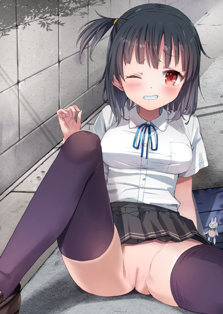 absurdres accidental_exposure bangs black_footwear black_hair black_skirt blue_ribbon blush breasts clothes_lift collared_shirt commentary_request dress_shirt female going_commando hand_up highres knee_up looking_at_viewer medium_breasts miniskirt natsushima_memo neck_ribbon no_panties on_ground one_eye_closed one_side_up original outdoors pleated_skirt purple_legwear pussy red_eyes ribbon shirt shirt_tucked_in short_hair short_sleeves sitting skirt skirt_lift solo spread_legs thighhighs tripped uncensored