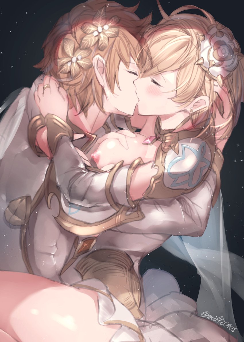 1boy 1girls arm_around_partner artist_name artist_signature blonde_hair blush breasts_out breasts_out_of_clothes breasts_out_of_dress brown_hair closed_eyes couple cute djeeta_(granblue_fantasy) dress earrings elbow_gloves female female_protagonist gem gold_trim gran_(granblue_fantasy) granblue_fantasy hair_ornament jewelry kissing legs light-skinned_female light-skinned_male light_skin male male_protagonist medium_breasts milli_little nipples official_alternate_costume red_gem ring romantic short_hair star_background thighs tuxedo white_armwear white_dress white_elbow_gloves white_suit wholesome