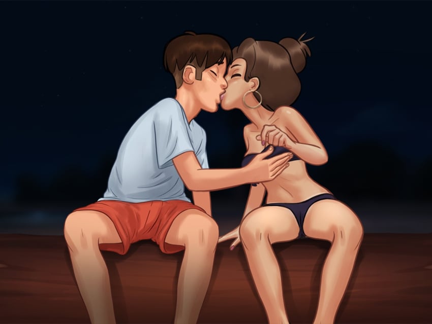 1boy 1girls 2d beach bikini bikini_bottom bikini_top bottle bottomwear braid braided_hair braided_ponytail breast_grab breasts brown_hair brown_hair cameltoe closed_eyes clothed clothing darkcookie digital_drawing_(artwork) digital_media_(artwork) duo ear_piercing earrings female female_focus hand_on_breast happy kissing leaning leaning_forward light-skinned_female light-skinned_male light_skin log long_hair looking_to_the_side main_character_(summertime_saga) male male/female missy_(summertime_saga) nipples_visible_through_clothing panties petite petite_body piercing piercings ponytail pussy_lips pussy_peek sand shirt shorts sitting_on_log slim_waist small_breasts summertime_saga tanline tanlines topwear