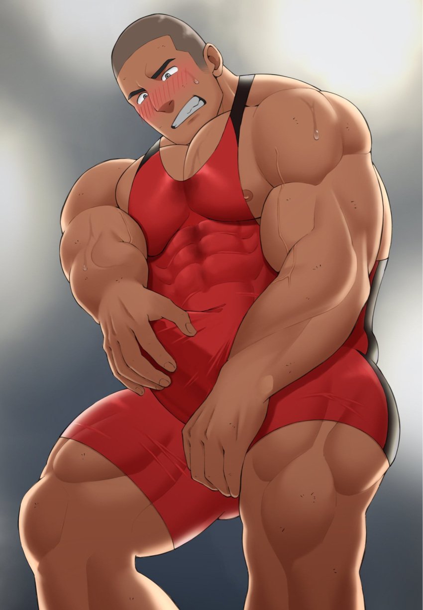 1boy bara blush bodysuit bulge buzz_cut clenched_teeth clothed_masturbation covered_abs covered_navel erection erection_under_clothes feet_out_of_frame from_below highres kansuke_(kansuke_717) large_pectorals male_focus male_masturbation male_only masturbation muscular muscular_male nipple_slip nipples original pectoral_cleavage pectorals red_bodysuit short_hair sideburns sidepec singlet solo standing stomach sweatdrop teeth thick_eyebrows thick_thighs thighs veins veiny_arms very_short_hair