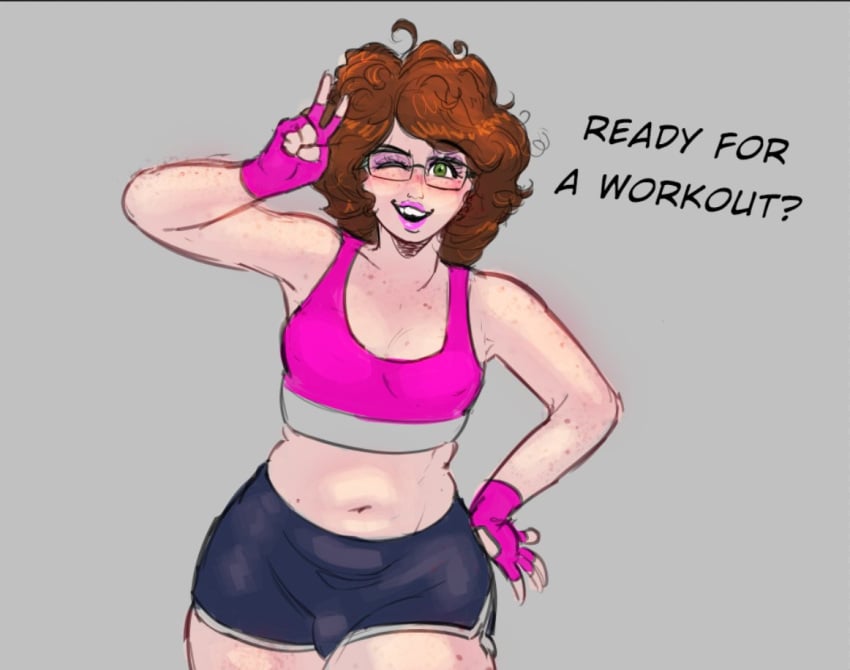 1boy aralubu_(artist) brown_hair chubby chubby_male dialogue femboy fingerless_gloves freckles glasses gloves green_eyes gym_uniform lipstick makeup male male_only mascara original peace_sign pink_lipstick solo sports_bra sports_shorts text trap wink winking winking_at_viewer