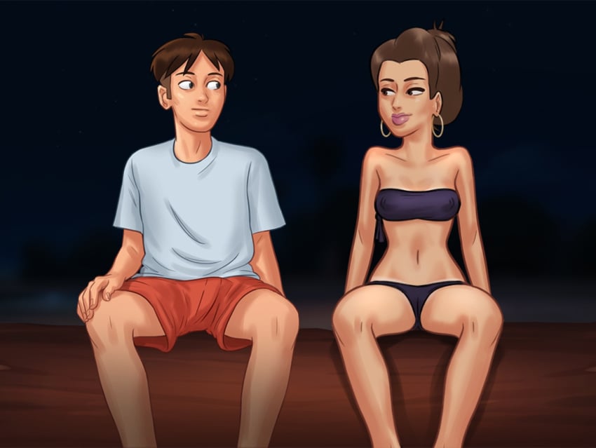 1boy 1girls 2d beach bikini bikini_bottom bikini_top bottle bottomwear braid braided_hair braided_ponytail breasts brown_hair brown_hair cameltoe clothed clothing darkcookie digital_drawing_(artwork) digital_media_(artwork) duo ear_piercing earrings female female_focus happy light-skinned_female light-skinned_male light_skin log long_hair looking_at_another looking_at_partner looking_to_the_side main_character_(summertime_saga) male male/female missy_(summertime_saga) nipples_visible_through_clothing panties petite petite_body piercing piercings ponytail pussy_lips pussy_peek sand shirt shorts sitting_on_log slim_waist small_breasts smile smiling summertime_saga tanline tanlines topwear