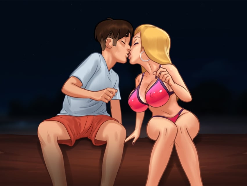 1boy 1girls 2d beach becca_(summertime_saga) belly_piercing big_breasts bikini bikini_bottom bikini_top blonde_hair blonde_hair blue_eyes bottle bottomwear braid braided_hair braided_ponytail breasts brown_hair cameltoe closed_eyes clothed clothing darkcookie digital_drawing_(artwork) digital_media_(artwork) duo ear_piercing earrings female kissing leaning leaning_forward light-skinned_female light-skinned_male light_skin log long_hair looking_to_the_side main_character_(summertime_saga) male male/female nipples_visible_through_clothing panties piercing piercings ponytail pussy_lips pussy_peek roxxy_(summertime_saga) sand shirt shorts sitting_on_log smile smiling summertime_saga tanline tanlines thick_thighs thong_bikini topwear