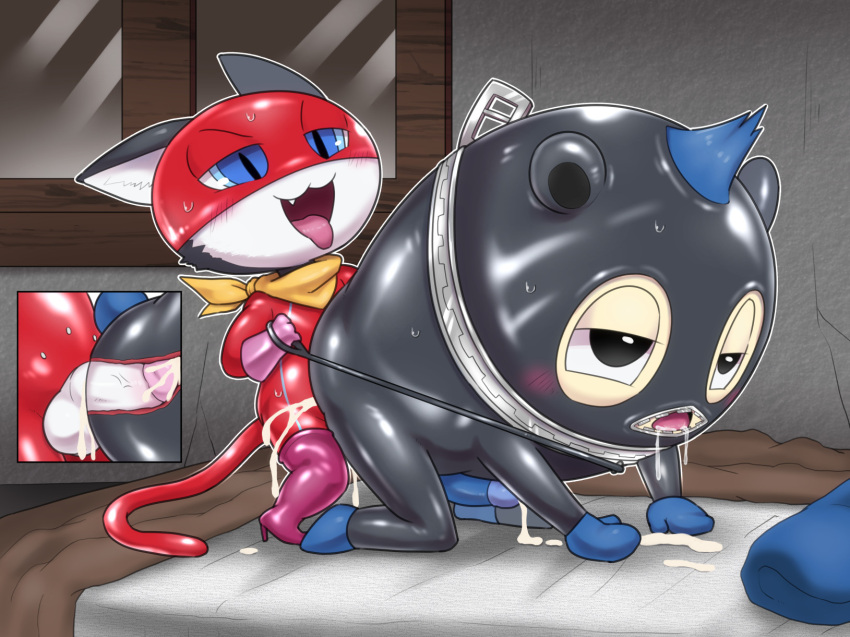 anthro atlus clothing digital_media_(artwork) domestic_cat duo felid feline felis hi_res knee_highs legwear male male/male mammal megami_tensei megami_tensei_persona mitten_hands morgana_(persona) ofuro sega teddie_(persona) tuxedo_cat