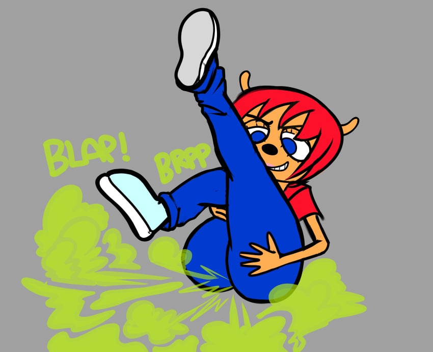 blue_eyes blue_jeans blue_shoes bovid bovid_humanoid bovine bovine_ears bovine_humanoid brap ears ears_up fart fart_cloud fart_fetish farting green_fart jeans lammy_lamb lolotron6 orange_body orange_fur orange_skin parappa_the_rapper red_hair ree_shirt sheep sheep_ears sheep_girl sony_interactive_entertainment tagme um_jammer_lammy