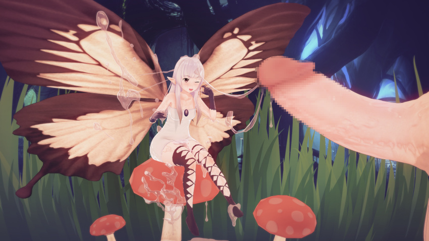 1boy 1girls 3d after_sex airy bravely_default bravely_default:_flying_fairy butterfly_wings clothed cum cum_everywhere cum_on_body cum_on_breasts cum_on_face fairy fairy_wings forest forest_background interspecies koikatsu micro_female micro_on_macro minigirl mosaic_censoring mushroom penis pointy_ears white_hair wink witchanon