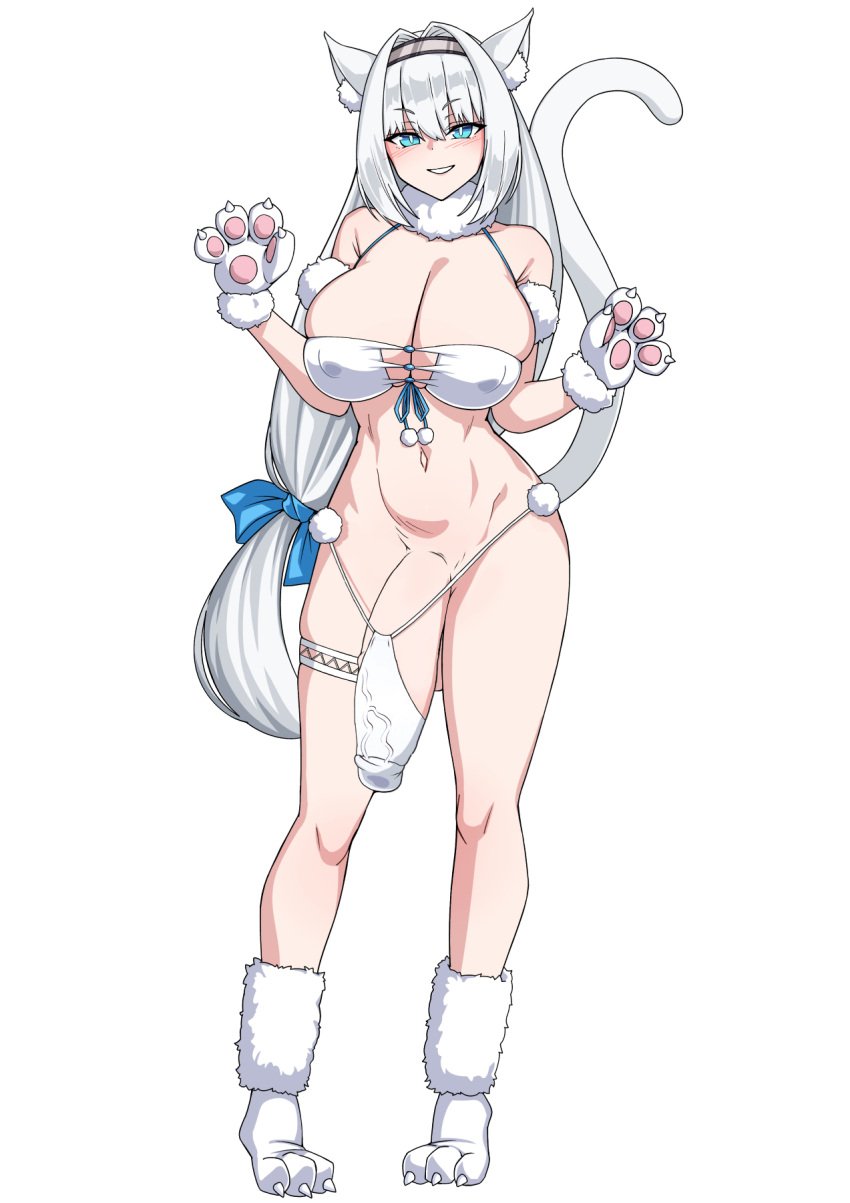 1futa animal_ear_fluff animal_ears animal_hands bangs bare_shoulders big_breasts bikini blue_eyes blush breasts bulge cat_ears cat_girl cat_tail cleavage clothed clothing dobrynya_nikitich_(fate) fate/grand_order fate_(series) flaccid full_body fur_collar futa_only futanari gloves grin hair_ribbon hairband highres huge_cock humanoid kemonomimi large_breasts large_penis light-skinned_futanari light_skin long_hair looking_at_viewer low_ponytail mostly_nude muta_poo navel nimji paw_gloves paw_shoes paws penis ribbon smile solo standing string_panties swimsuit tail testicles thigh_strap third-party_edit uncensored veins veiny_penis white_bikini white_hair