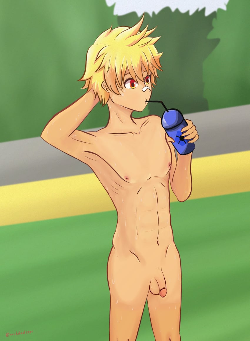 1boy abs absurdres bandaid bandaid_on_face bandaid_on_nose blonde_hair collarbone completely_nude flaccid highres jock_studio jock_studio_(blits_games) leo_mendez_(jock_studio) male_focus nipples nude orange_eyes penis short_hair skinny solo sweat testicles topless_male yaoi young