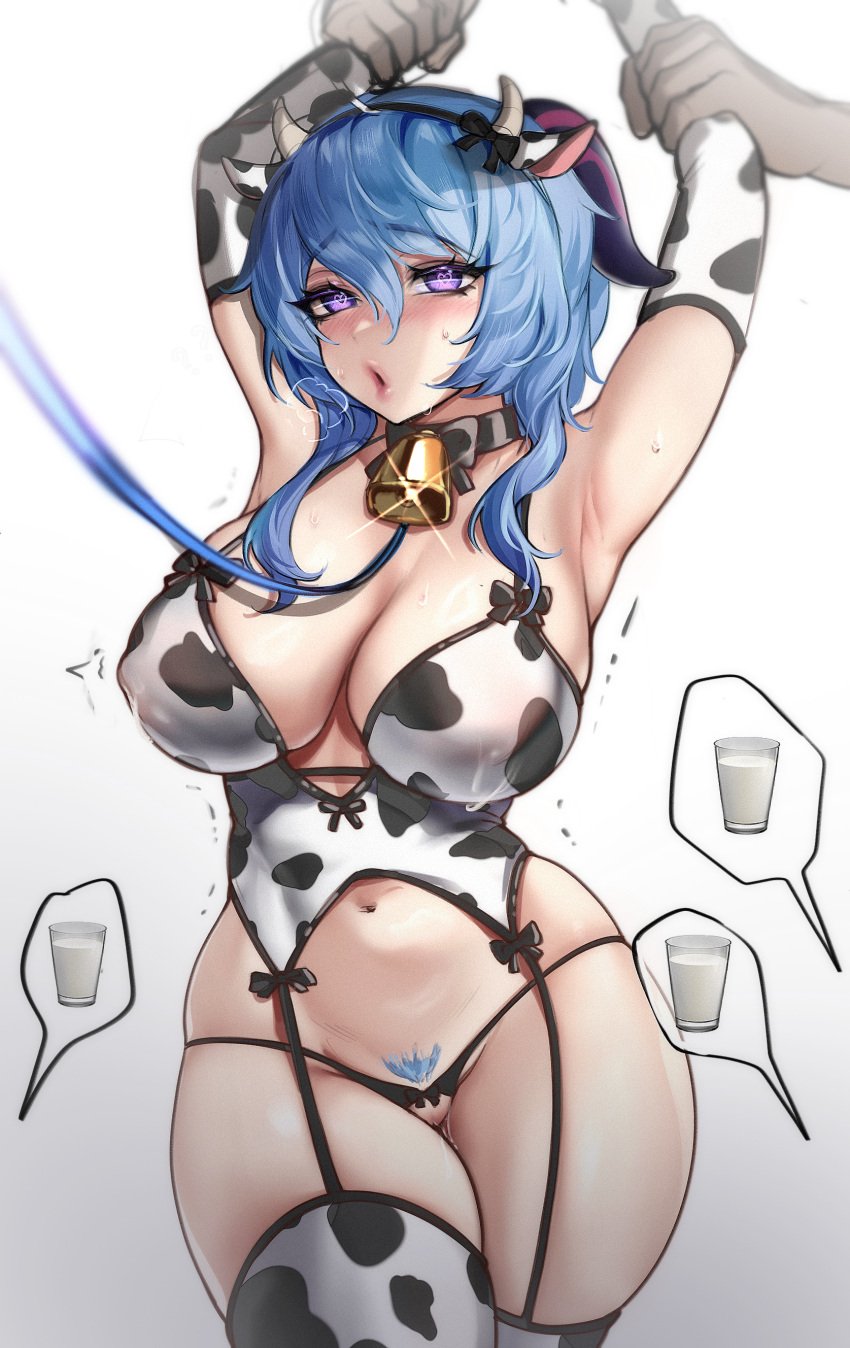 absurdres animal_ears animal_print armpits arms_up bell black_panties blue_hair blush breasts choker cleavage cow_ears cow_horns cow_print cowbell cowboy_shot fake_animal_ears fake_horns female female_pubic_hair ganyu_(genshin_impact) genshin_impact goat_horns gradient_background hair_between_eyes heart heart-shaped_pupils highres horns large_breasts long_hair looking_at_viewer milk navel open_mouth panties potetos7 pubic_hair purple_eyes pussy restrained solo_focus symbol-shaped_pupils thighhighs underwear