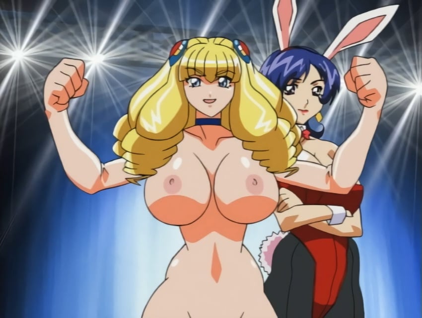 2girls areolae blonde_hair blue_eyes blue_hair breasts bunny_ears bunnysuit cleavage clothing dr._marilyn_willow female_only hips large_breasts marine_a_go-go milf multiple_girls nipples pink_pineapple screencap screenshot south_pole_one tummy wide_hips