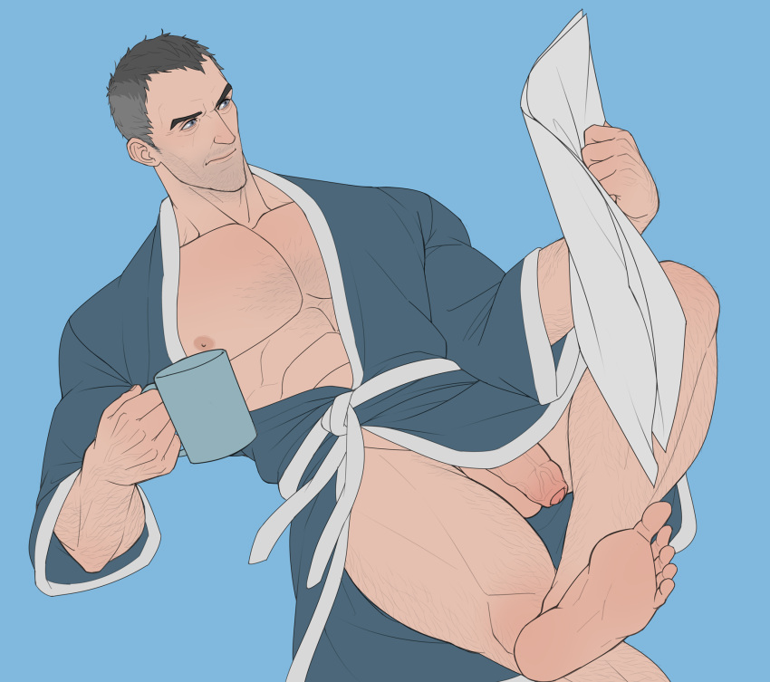 balls blizzard_entertainment dressing_gown flaccid garbancobean male male_only mug muscles muscular newspaper overwatch penis reading sigma_(overwatch) solo solo_male