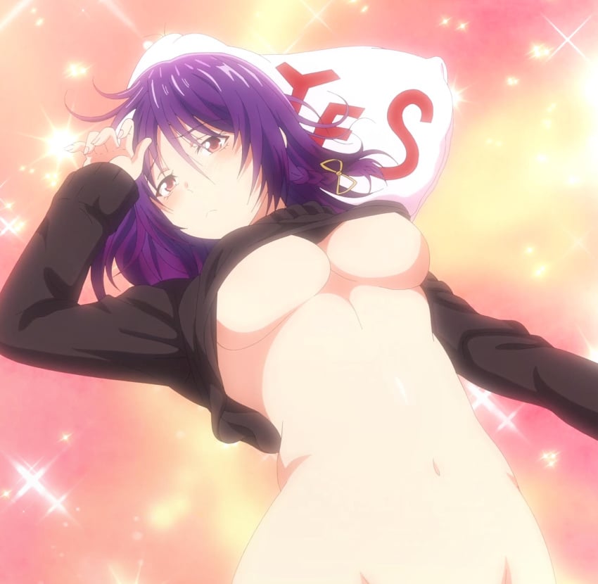 aoba_yuzuki breasts clothing english_text hips looking_at_viewer medium_breasts purple_hair red_eyes screencap tenpuru text tummy underboob