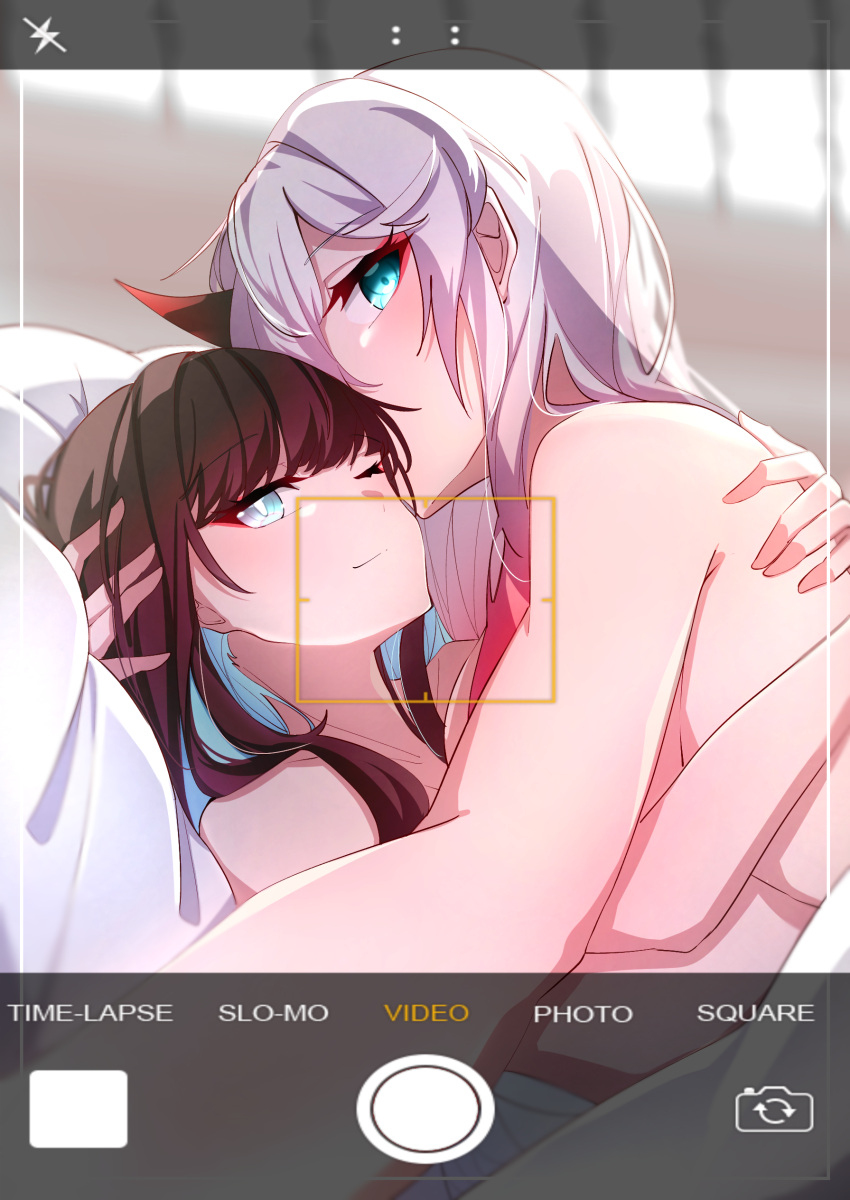 2girls black_hair blue_eyes blue_hair counter:side female_only girl_only hug incest multicolored_hair multiple_girls naked naked_female nanahara_chifuyu nanahara_chinatsu no_clothes on_bed selfie sisters taking_picture white_hair yorururu yuri