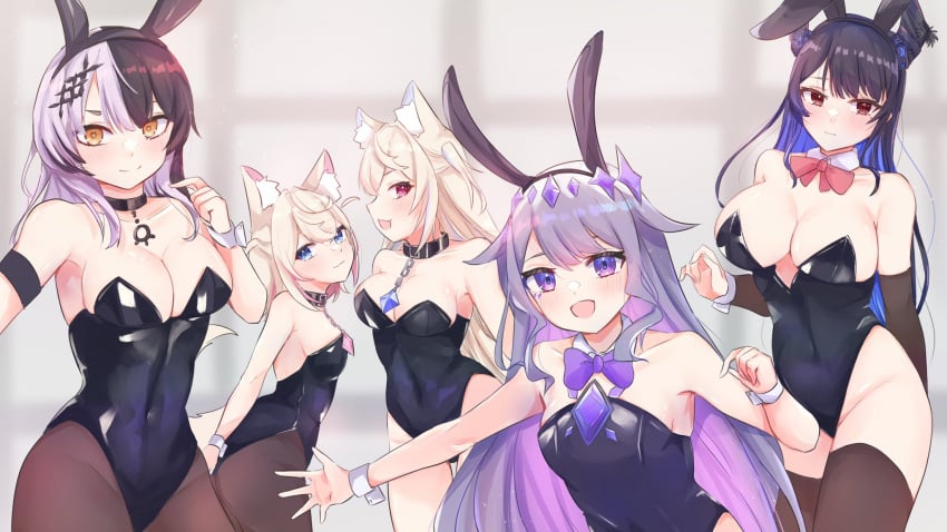 5girls bare_thighs bunny_ears bunny_girl bunnysuit crystal fake_animal_ears fake_bunny_ears fuwamoco fuwawa_abyssgard hololive hololive_english hololive_english_-advent- huge_breasts inviting koseki_bijou looking_at_viewer mococo_abyssgard nerissa_ravencroft pantyhose purple_crystal shiori_novella sisters small_breasts smile thick_thighs thighhighs virtual_youtuber