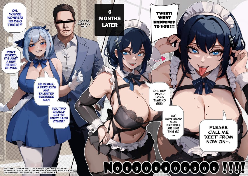 1boy 1girls 2023 absurd_res arms_up bare_shoulders before_and_after black_bra blue_dress blue_eyes blue_hair blue_hairband blush bow bowtie bra breasts brown_hair censored cleavage clothed clothing comic corruption dark_persona detached_collar dialogue dress dyed_hair elon_musk english_text enmaided eyebrows_visible_through_hair female garter_belt gloves hair_between_eyes hairband heart highres identity_censor indoors kinohara_kossuta large_breasts looking_at_viewer maid maid_headdress male microskirt miniskirt mole mole_on_breast mole_under_eye netorare offscreen_character open_mouth pantyhose personification real_person seductive short_hair site-tan skirt sleeveless sleeveless_dress smile speech_bubble standing suit sweat teeth text thick_thighs thighhighs thighs tongue tongue_out twitter twitter-tan underwear white_gloves wide_hips x-tan_(social_media) x_(social_media)