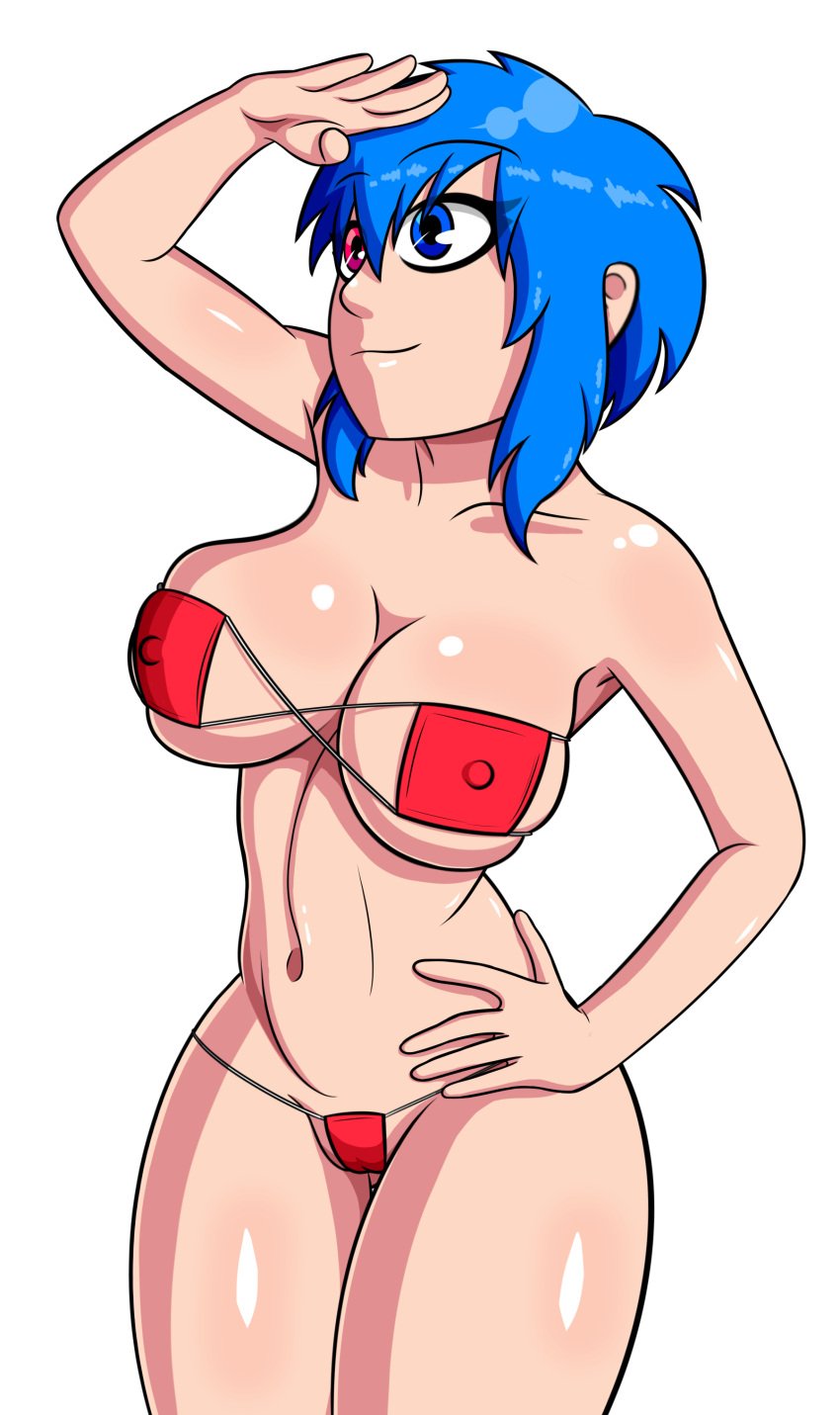 1girls areolae azure_eyes bare_shoulders belly belly_button bikini blue_eyes blue_hair bra breasts busty commission covering curtain_call_challenge curvy female female_focus female_only fuchsia_eyes heterochromia human medium_breasts micro_bikini navel nipple_bulge nipples oc original original_character panties pink_eyes red_bikini revealing_clothes revealing_swimsuit shiny_skin skin_tight smile_the_mime solo solo_female string_bikini swimsuit teen teenager thick underwear young