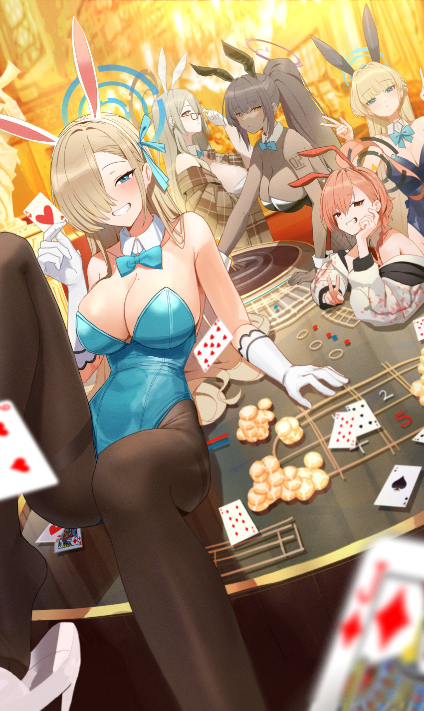 5girls absurdres akane_(blue_archive) akane_(bunny)_(blue_archive) aqua_leotard ass asuna_(blue_archive) asuna_(bunny)_(blue_archive) asymmetrical_bangs blue_archive blue_bow blue_bowtie blue_leotard bow bowtie breasts card casino cleaning_&_clearing_(blue_archive) glasses group_picture halo highres huge_ass karin_(blue_archive) karin_(bunny)_(blue_archive) large_breasts leotard md5_mismatch millennium_science_school_student mole mole_on_breast multiple_girls neru_(blue_archive) neru_(bunny)_(blue_archive) official_alternate_costume pantyhose playboy_bunny playing_card resolution_mismatch roulette_table sideboob smug source_smaller table thighband_pantyhose toki_(blue_archive) toki_(bunny)_(blue_archive) traditional_bowtie victory_pose zanya_000