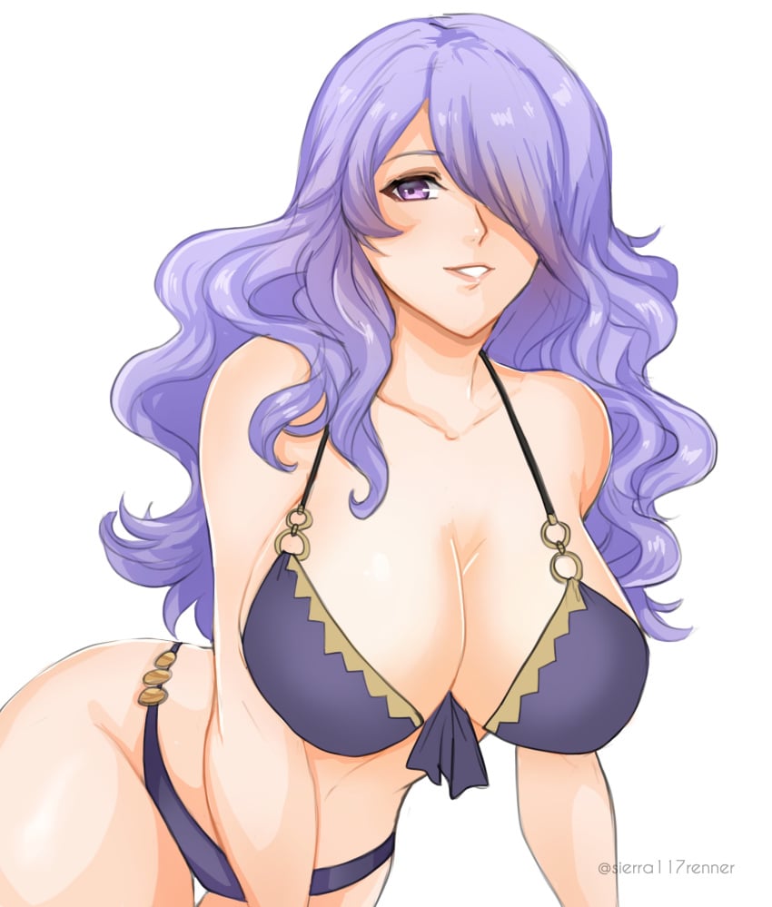 1girl 1girls absurdres alternate_costume bare_shoulders bikini breasts camilla_(fire_emblem) camilla_(summer)_(fire_emblem) commentary female female_only fire_emblem fire_emblem_fates fire_emblem_heroes grin groin highres large_breasts long_hair looking_at_viewer nintendo nsfw18_sierra official_alternate_costume parted_lips purple_bikini purple_eyes purple_hair purple_swimsuit sierra117renner simple_background smile solo stomach swimsuit very_long_hair white_background