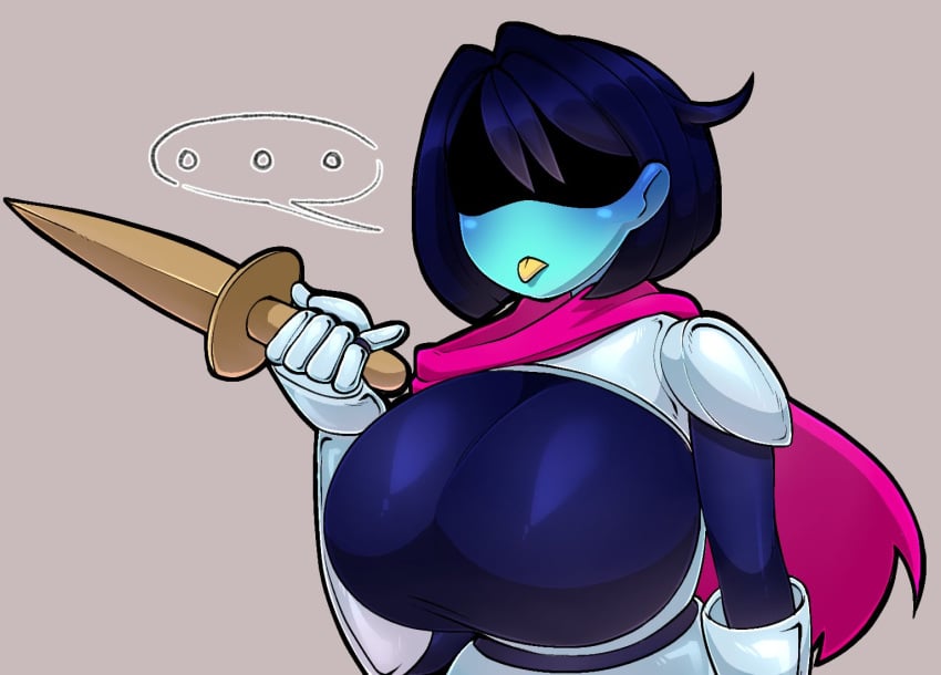 1girls 5hitzzzu arms_up belt big_breasts blue_skin boombita breasts clothed clothing deltarune female female_focus female_only funcu funculicious hourglass_figure kris_(dark_world_form) kris_(deltarune) kris_female_(deltarune) meatcuteshii only_female pinkbobatoo scarf short_hair simple_background skiddioop solo solo_female stereodaddy tight_clothing tongue_out undertale_(series) yellow_tongue