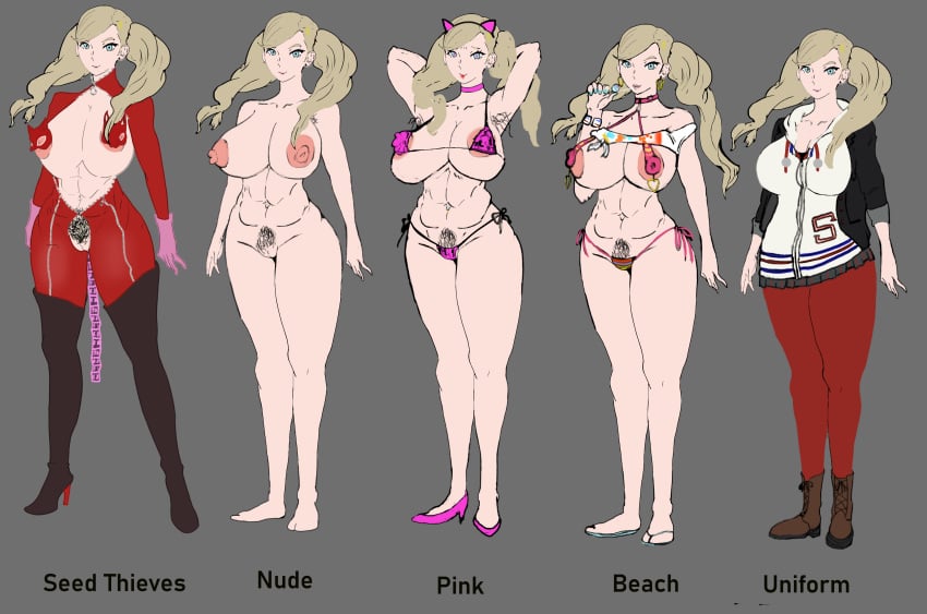 ann_takamaki big_breasts bikini breasts camel_toe casual clothing cognitive_ann human kunaboto_(style) nipple_suspension_bikini nipples outfit_variant pale_skin persona persona_5 phantom_thief_suit pubes thick_ass thick_thighs wankofool