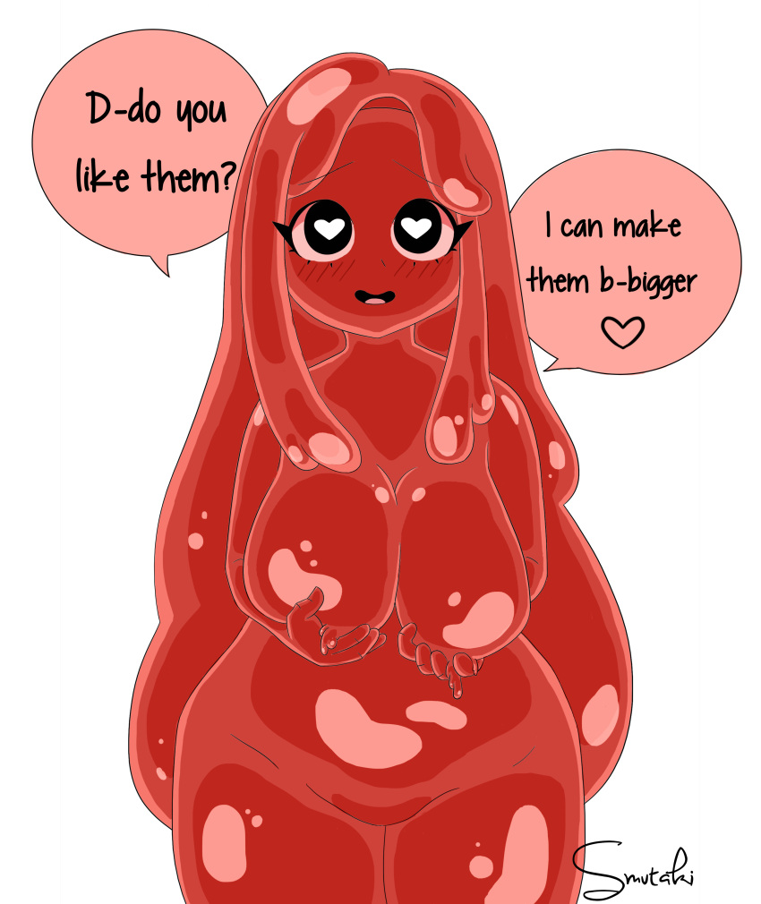 big_breasts blush comic heart-shaped_pupils jelly long_hair plump red_slime slime slime_girl smile smiling smutaki submissive submissive_female text text_bubble thick thick_thighs