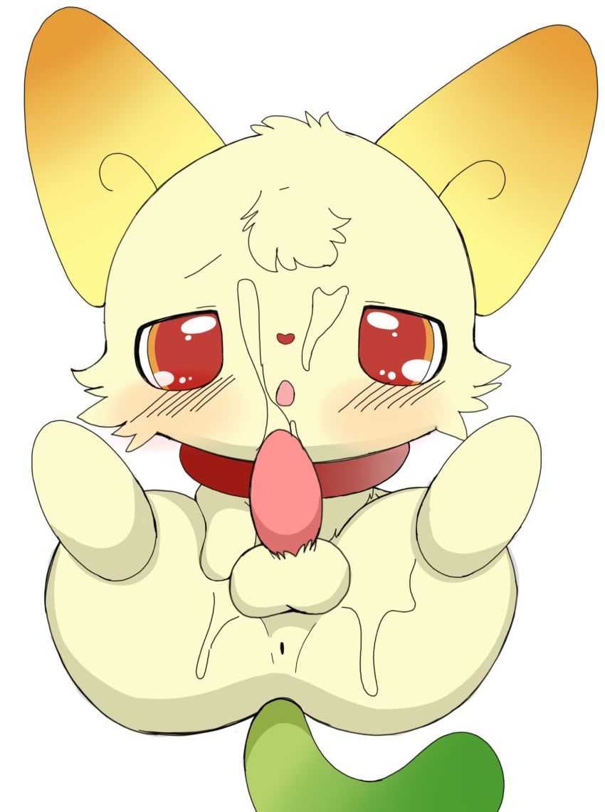 animal_genitalia animal_penis anthro azuo balls bangs big_ears blush bodily_fluids candy canid canine chibi dessert erection fennec food fox fur genital_fluids genitals gumimin gummy_(food) hi_res jewelpet looking_at_viewer male mammal messy penis red_eyes sanrio sega sega_toys semi-anthro solo spread_legs spreading yellow_body yellow_fur