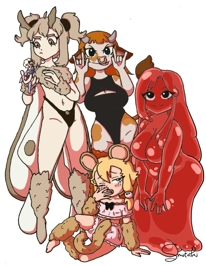 blonde_hair blush cow_girl fairy group monster_girl moth_girl mouse_ears mouse_girl pixie red_hair red_slime slime slime_girl