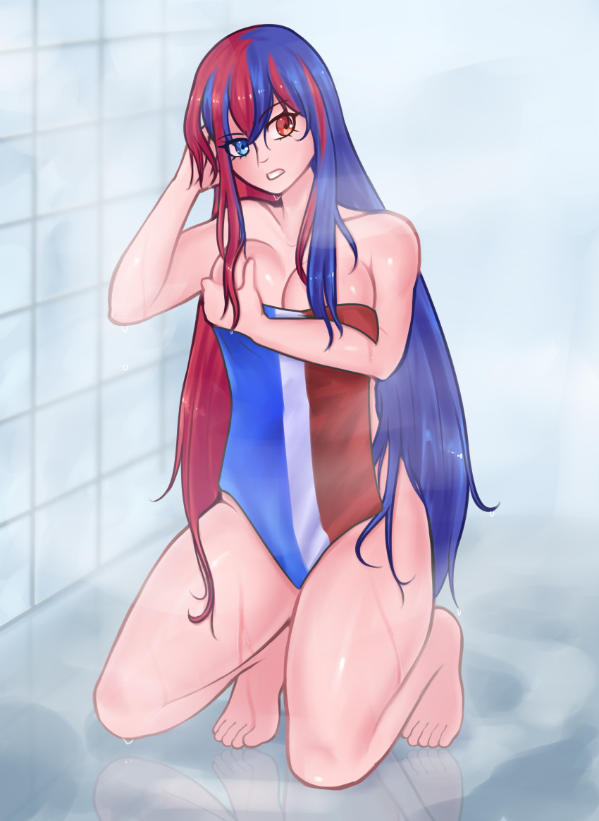 1girls alear_(female)_(fire_emblem) alear_(fire_emblem) blue_eyes blue_hair breasts female female_only fire_emblem fire_emblem_engage hair_between_eyes heterochromia long_hair multicolored_hair naked_towel nintendo obsidianwasp red_eyes red_hair shower solo towel very_long_hair white_skin