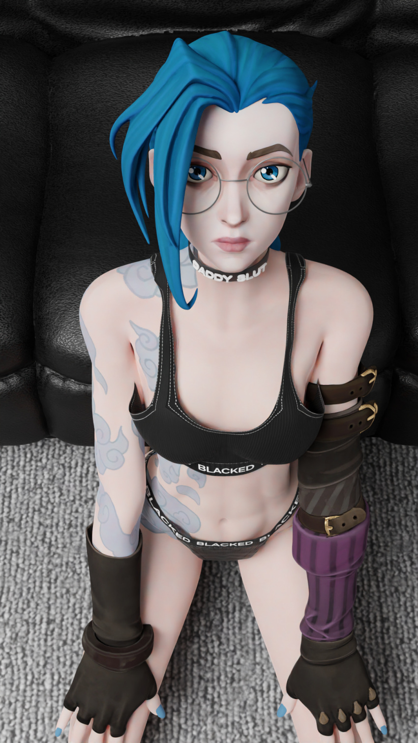 1girls 3d 3d_(artwork) arcane arcane_jinx blacked blacked_clothing blue_eyes blue_hair bra choker collar eyewear female female_only freya241 glasses jinx_(league_of_legends) league_of_legends looking_at_viewer panties riot_games solo tattoo underwear