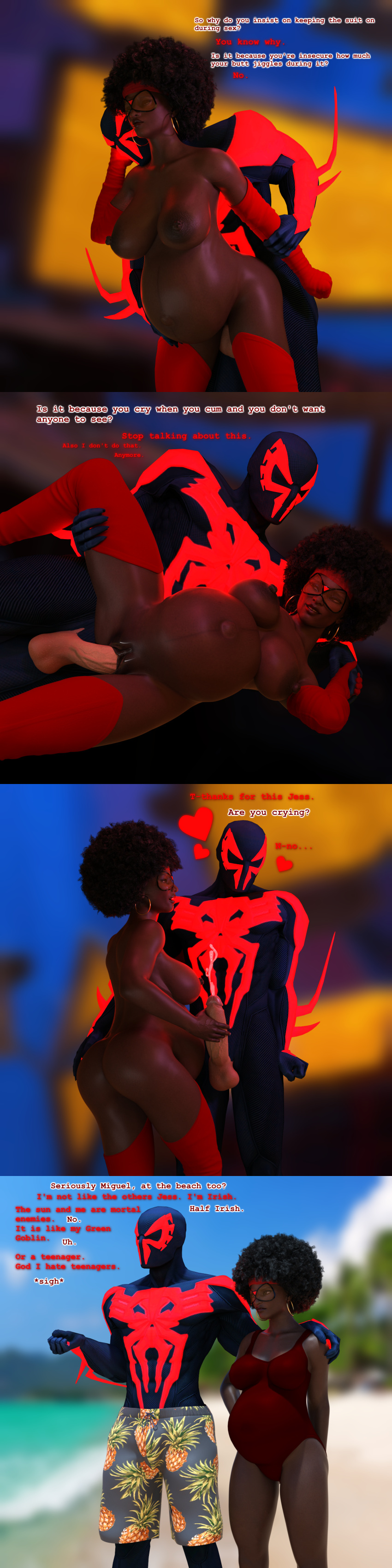 1boy 1girls 3d across_the_spider-verse big_belly black_milf breedingduties canon_pregnancy clothed_sex dark-skinned_female dark_skin dialogue female handjob interracial jessica_drew jessica_drew_(earth-332) large_breasts male marvel marvel_comics masked miguel_o'hara motorfang one-piece_swimsuit pregnant pregnant_sex ready_to_pop spider-man:_across_the_spider-verse spider-man_(series) spider-man_2099 swimsuit unseen_male_face