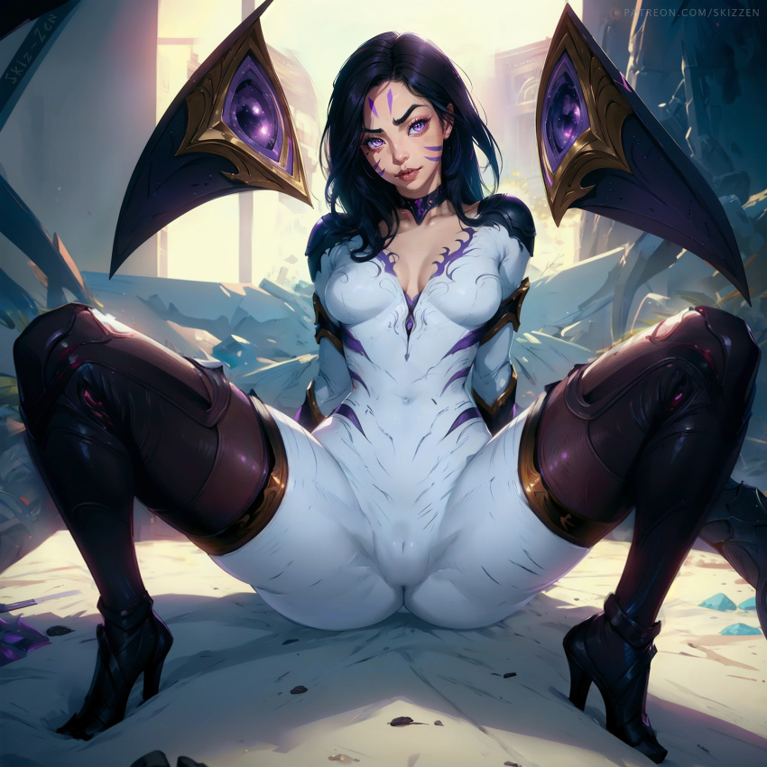 ai_generated alien alien_girl black_hair bodysuit choker cleavage high_heels inviting kai'sa league_of_legends leaned_back patreon_username purple_eyes purple_hair skizzen spread_legs thick_thighs thighhighs thighs white_bodysuit wide_hips