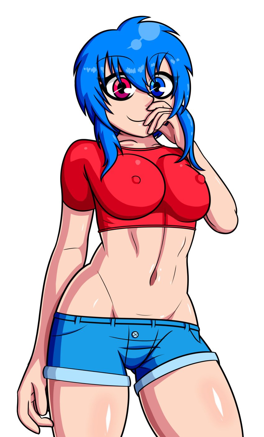 1girls areolae azure_eyes belly belly_button blue_eyes blue_hair breasts busty commission crop_top curtain_call_challenge curvy female female_focus female_only fuchsia_eyes heterochromia human looking_at_viewer medium_breasts minishorts navel nipple_bulge nipples no_bra oc original original_character pink_eyes red_shirt revealing_clothes shiny_skin shirt shorts skin_tight smile smile_the_mime smiling smiling_at_viewer smirk solo solo_female t-shirt teen teenager thick tight_clothing young