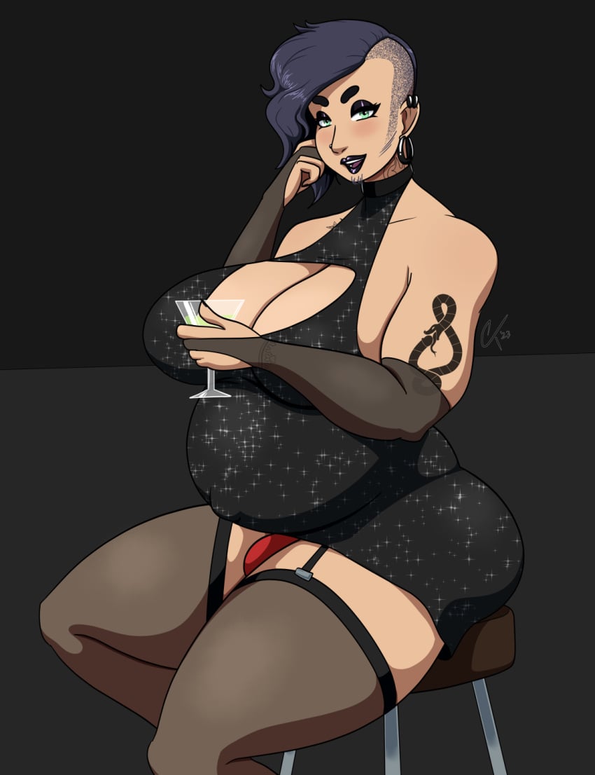 bar_stool black_dress black_hair breast_window bulge busty_boy cobaltkilter femboy goth green_eyes huge_breasts male_pregnancy male_with_breasts martini_glass mathis_(cobaltkilter) mpreg pregnant pregnant_belly pregnant_male red_panties stockings stubble tattoo