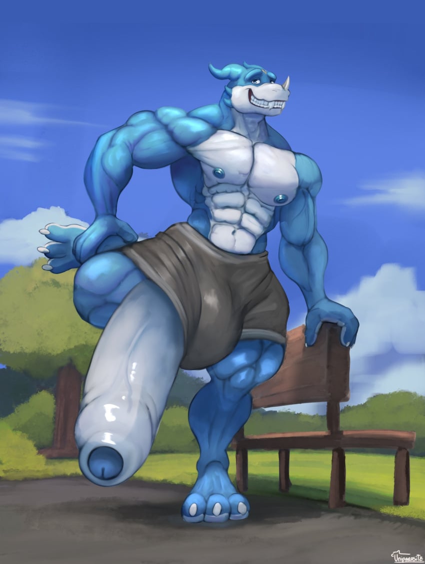 anthro bandai_namco barefoot bench big_penis bottomwear clothing digimon digimon_(species) feet genitals hi_res huge_cock hyper hyper_genitalia hyper_penis male muscular muscular_anthro muscular_thighs park_bench pecs penis shorts sky smile solo uniparasite v-mon veemon