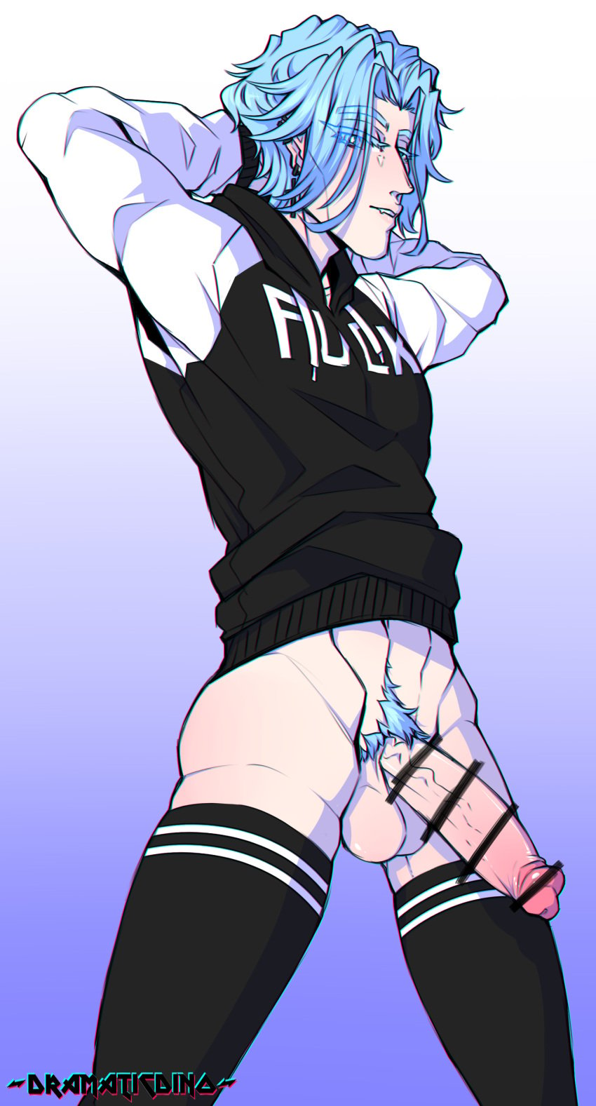 1boy ass big_balls big_penis black_clothing blue_pubic_hair dramaticdino femboy gay hoodie langa_hasegawa long_socks penis pubic_hair simple_background sk8_the_infinity thighs yaoi