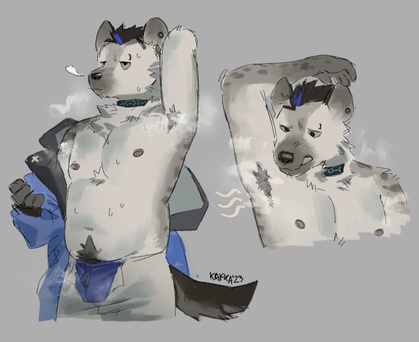 1boy anthro areola arknights armpit_hair belly bodily_fluids body_hair bulge clothed clothing ear_piercing eyebrow_piercing facial_piercing fur grey_body grey_fur hyena hypergryph kafka_(artist) male male_only mammal musk musk_clouds musk_fetish musky_armpit partially_clothed pecs piercing pubes raised_arm slightly_chubby sniffing sniffing_own_armpit sniffing_self solo spot_(arknights) studio_montagne sweat