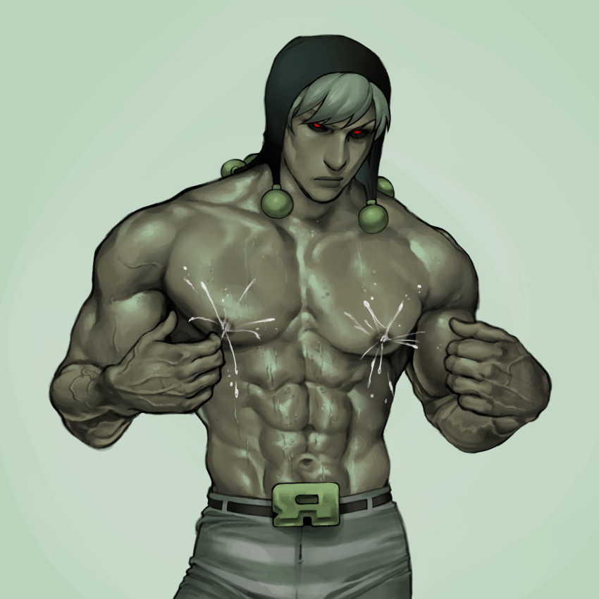1boy abs belt biceps black_sclera breastmilk buff coif jojo's_bizarre_adventure lactating lactation large_breasts looking_at_viewer male male_lactation male_nipples male_only muscular muscular_male nipples pecs risotto_nero solo sweat veins vento_aureo white_background white_hair