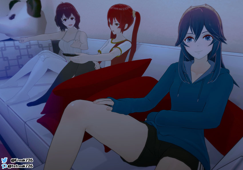 3d 3girls angry arguing black_hair blue_eyes blue_hair breasts couch exhibitionism fefreak726 female female_only fighting fire_emblem fire_emblem_awakening indoors long_hair looking_at_viewer lucina_(fire_emblem) medium_breasts morgan_(fire_emblem) morgan_(fire_emblem)_(female) multiple_girls nintendo on_couch open_mouth pointing purple_eyes red_eyes red_hair remote severa_(fire_emblem) short_hair sitting smile symbol-shaped_pupils tv tv_remote twintails unaware undressing watching_tv