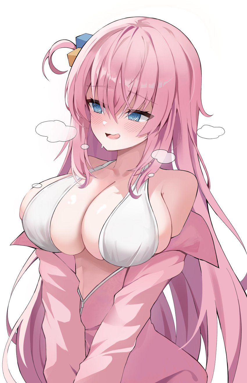 aroused blush blush_lines bocchi_the_rock! bra gotou_hitori heavy_breathing huge_breasts in_heat long_hair long_hair_female nasuru_(naseul) open_jacket open_mouth pink_hair pink_hair_female spiral_eyes squished_breasts swirly_eyes waist_up white_background