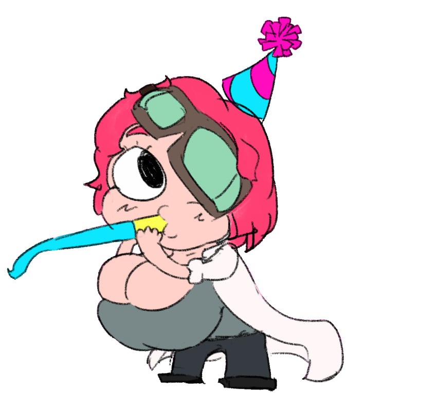 animated animated birthday celebration colored dance eye_covered goggles goggles_on_forehead goggles_on_head kira_(yetig) lab_coat labcoat messy_hair oc original_character party_hat party_horn red_hair rolled_up_sleeves self_upload yetig