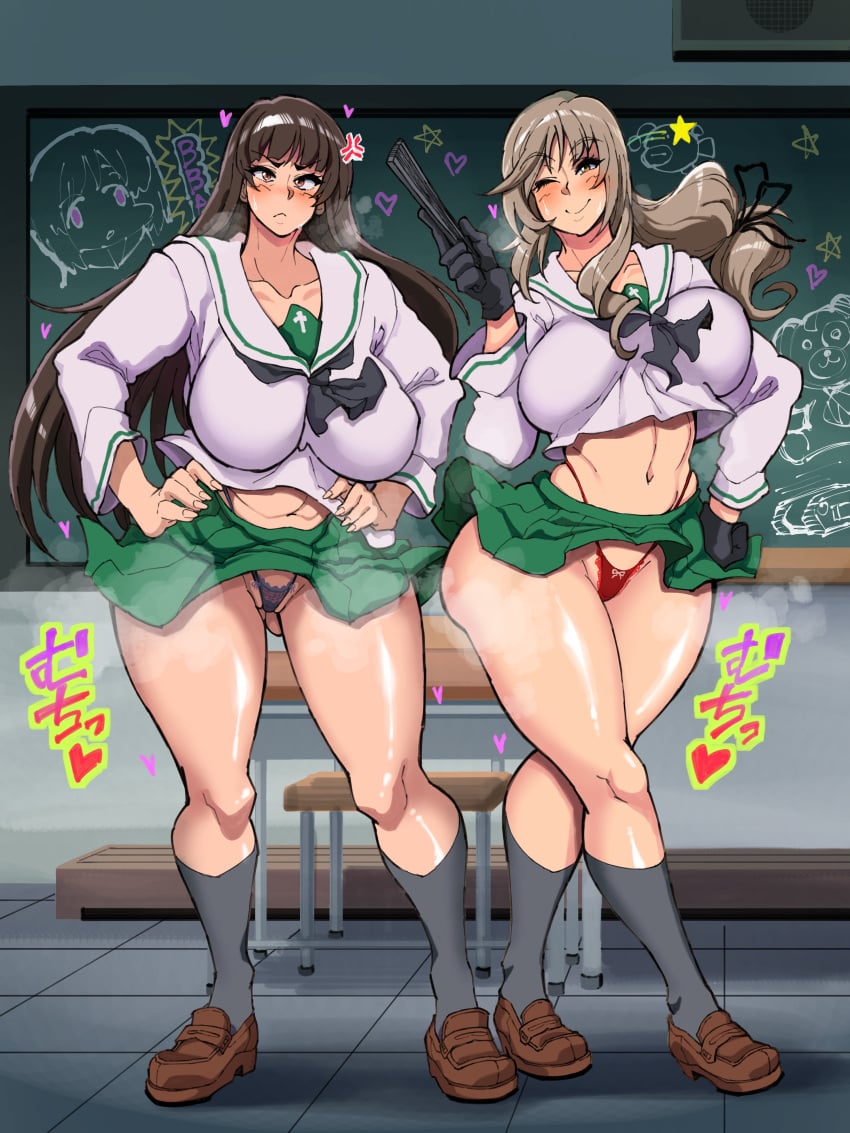 2girls big_breasts black_board black_thong breasts busty curvaceous curvy curvy_body curvy_female curvy_figure female girls_und_panzer huge_breasts large_breasts milf mother multiple_girls nishizumi_shiho red_thong school_uniform schoolgirl schoolgirl_uniform shimada_chiyo short_skirt skirt thong tsunapiko voluptuous