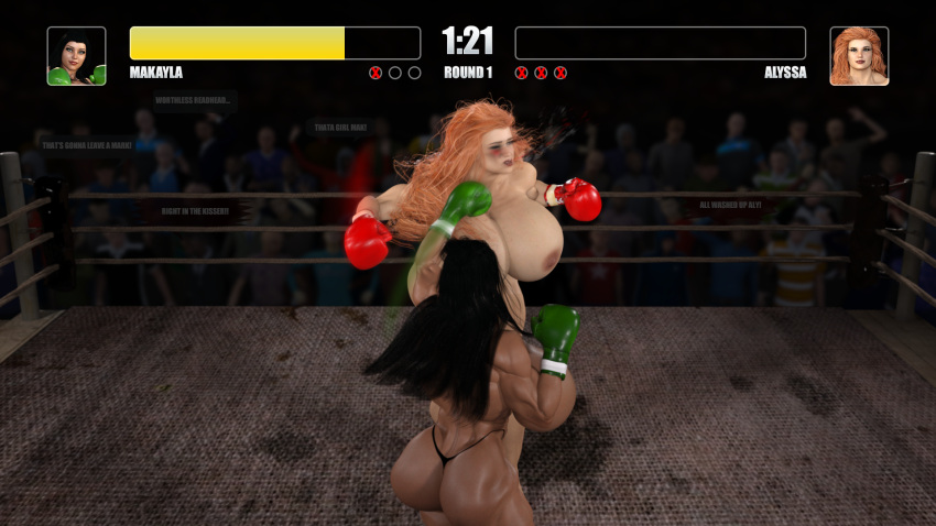 2girls 3d 3d_(artwork) amazon amazon_knockout ass athletic athletic_female big_ass big_breasts bottom_heavy boxer boxing boxing_gloves boxing_ring breasts brown-skinned_female brown_body brown_skin bust busty chest cleavage curvaceous curvy curvy_figure dark-skinned_female dark_skin enormous_breasts eyebrows eyelashes eyes female female_focus female_only fight fighting fighting_ring fit fit_female gameplay_mechanics gigantic_breasts green_boxing_gloves green_gloves hair health_bar heytheremakayla hips hourglass_figure huge_ass huge_breasts human hyper hyper_breasts jab_punch large_ass large_breasts legs light-skinned_female light_skin lips lipstick little_makayla massive_breasts mature mature_female mighty_makayla muscles muscular muscular_female original original_character punch red_boxing_gloves red_gloves red_lipstick slim slim_waist thick thick_hips thick_legs thick_thighs thighs top_heavy top_heavy_breasts topless topless_boxing upper_body voluptuous voluptuous_female waist wide_hips