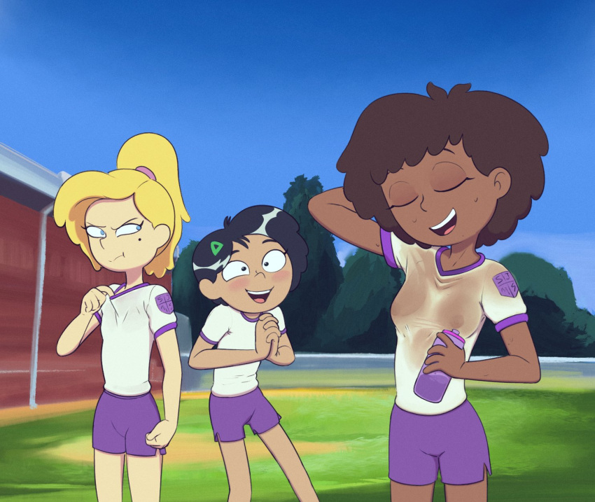 2023 3girls amphibia anne_boonchuy areolae breast_envy breasts dark-skinned_female dark_skin disney disney_channel drockdraw gym_clothes marcy_wu multiple_girls nipples outdoors outside sasha_waybright shorts sweat wet_clothes